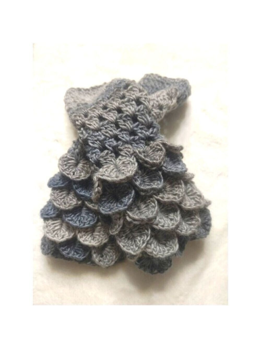 Handmade Crocheted Wool/Viscose Fingerless Dragonscale Texting Gloves-Greys/Blue